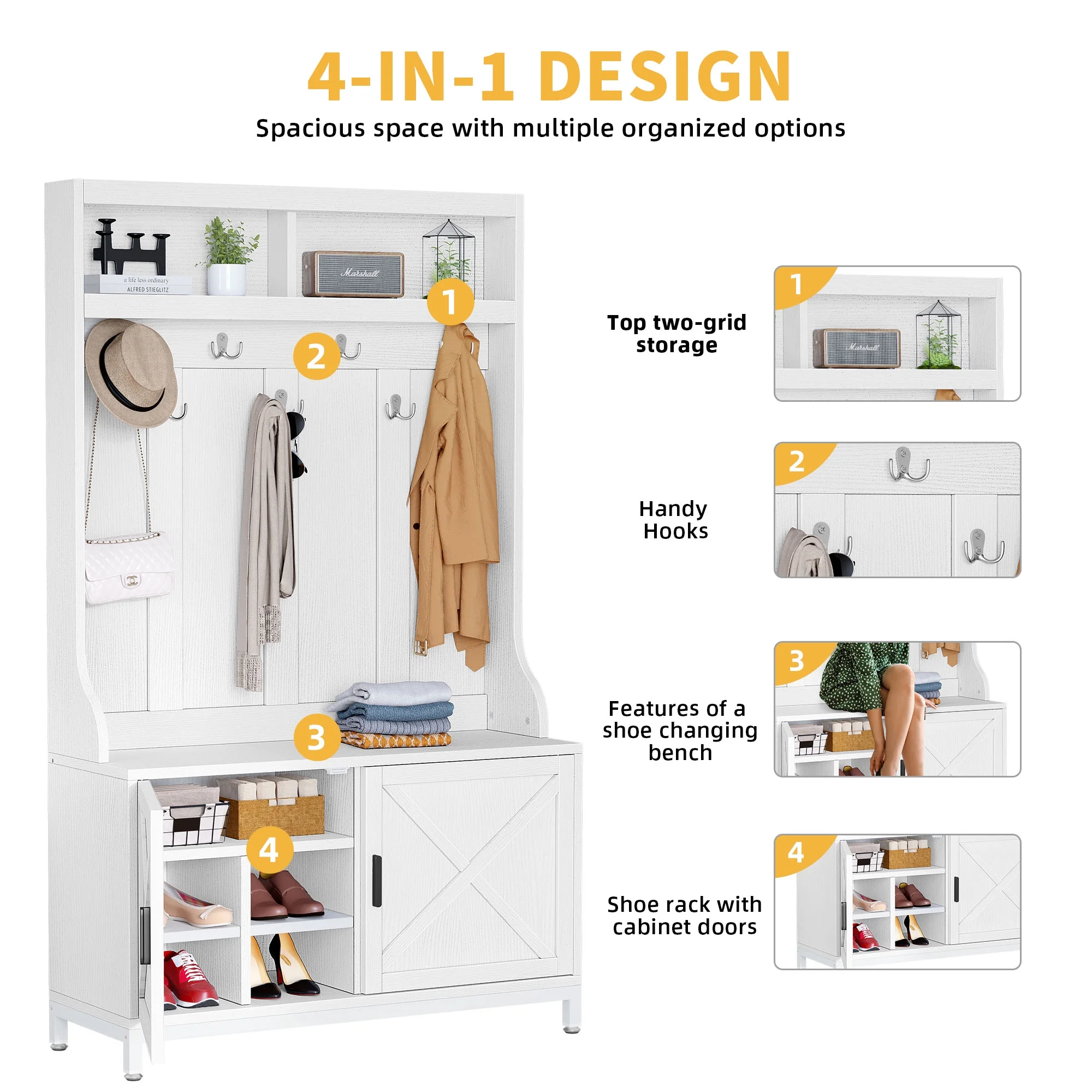DWVO Hall Tree with Storage Bench, 3-in-1 White Entryway Coat Rack with 14 Hooks, Coat Hanger, Shoe Cabinet for Hallway, Living Room
