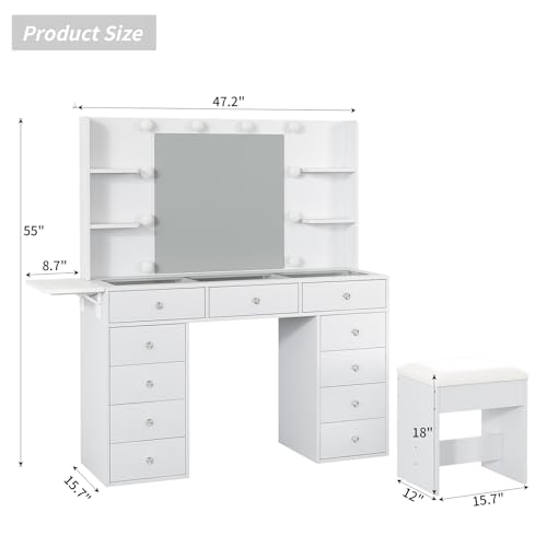 55" W Vanity Desk, Makeup Vanity with Charging Station, 15 Drawers with Lighted Mirror, 3 Lighting Modes, Brightness Adjustable, Glass Top