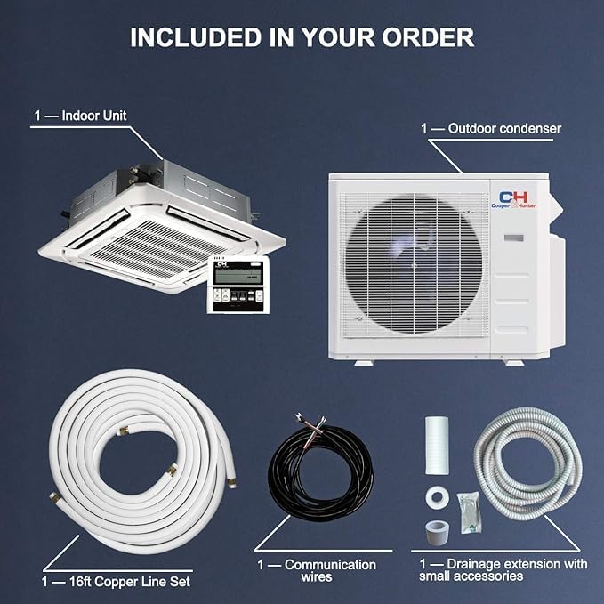 Cooper & Hunter Ceiling Cassette Ductless Mini Split AC/Heating System with Heat Pump Wall Thermostat and Installation Kit…