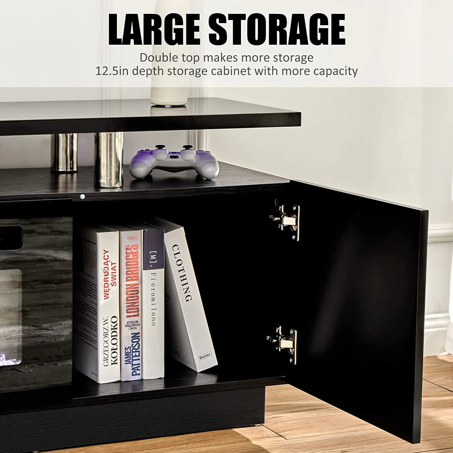 Amerlife Fireplace TV Stand with 36" Fireplace, 70" Modern High Gloss Entertainment Center LED Lights, 2 Tier TV Console Cabinet for TVs Up to 80"