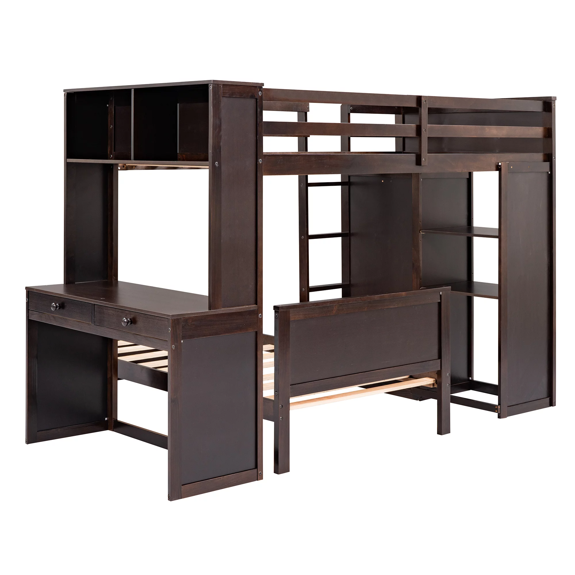 Twin Size Solid Wood Loft Bed with a Stand-alone bed, Shelves, Desk, and Wardrobe, Multifunctional Loft Bed with Ladder, Shelves, Wooden Loft Bed