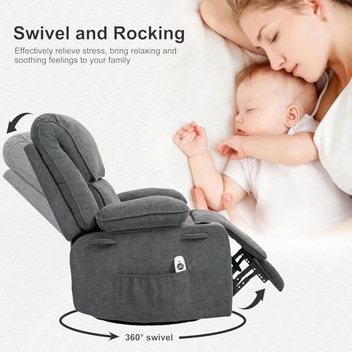 Rocker Recliner Chair with Massage and Heated, 360°Swivel Rocking Chairs with Cup Holders Remote Control for Living Room (Gray Oatmeal)