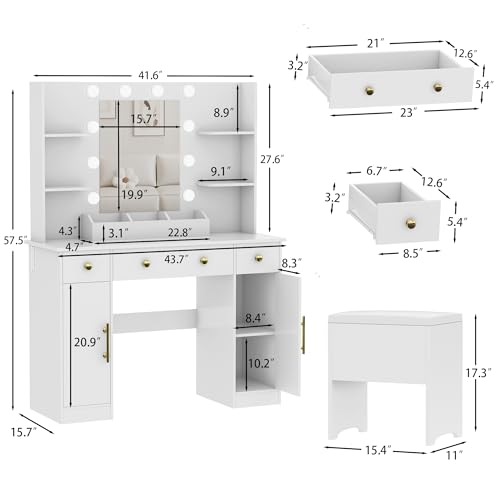 Vanity Desk with Mirror and Lights, Makeup Vanity with Charging Station & Vanity Stool
