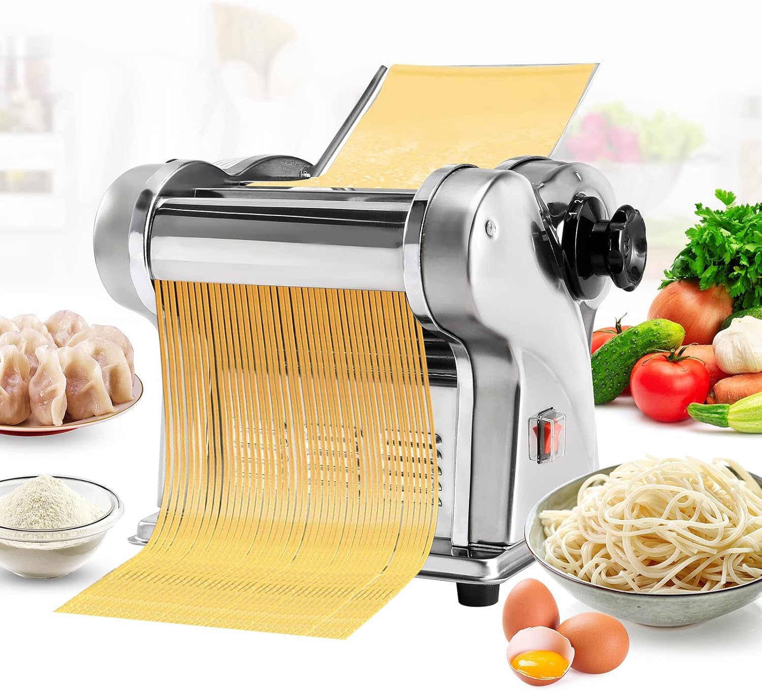 Dyna-Living Electric Pasta Maker Noodle Maker Machine Dough Spaghetti Roller Pressing Machine Thickness Adjustable Stainless Steel 135W for for Home