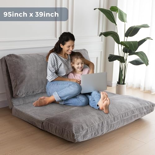 MAXYOYO Bean Bag Bed Folding Sofa Bed Floor Mattress for Adults, Extra Thick and Long Floor Sofa with Corded Washable Cover, Dark Grey, 30x95 Inch