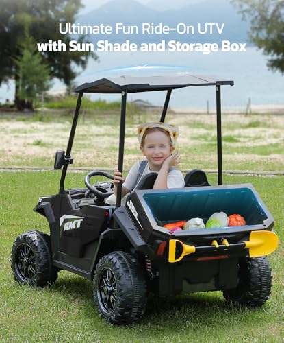 ELEMARA 24V Ride on Toy for Big Kid,Ride on Car 2 Seater w/Sun Shade,Dump Bed & Shovel,4.5MPH,4WD Electric Car for Kids,Battery Car w/Remote