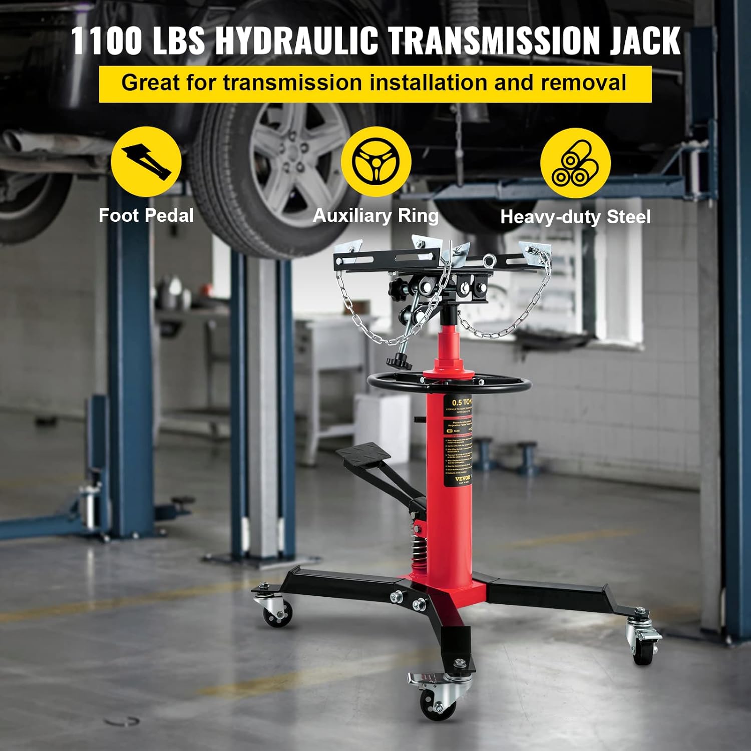 VEVOR Transmission Jack,1/2Ton/1100lbs Capacity Hydraulic Telescopic Transmission Jack, 2-Stage Floor Jack Stand with Foot Pedal, 360° Swivel Wheel