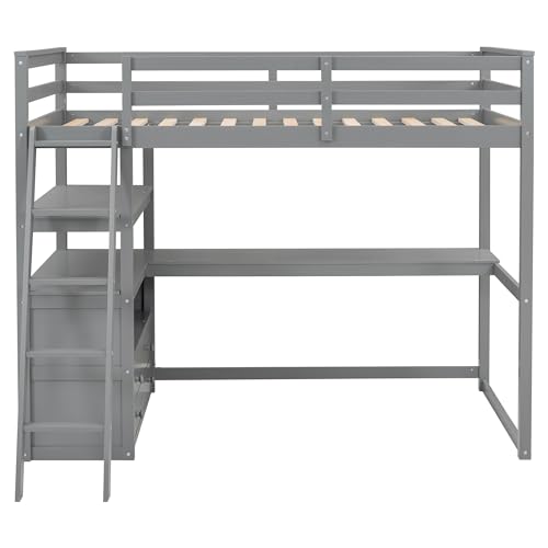 Full Size Loft Bed with Desk & Wardrobe, Solid Wood Kids Loft Bedframe w/3 Storage Drawers & 2 Shelves, Maximum Space Design, for Bedroom, Dorm, Gray