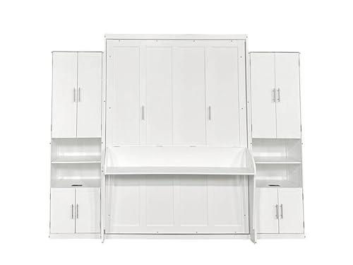 Queen Size Murphy Bed with Desk & Charging Station,Wall Bed Frame Folding into Cabinet Design w/LED & Storage Shelf for Small Space,Bedroom