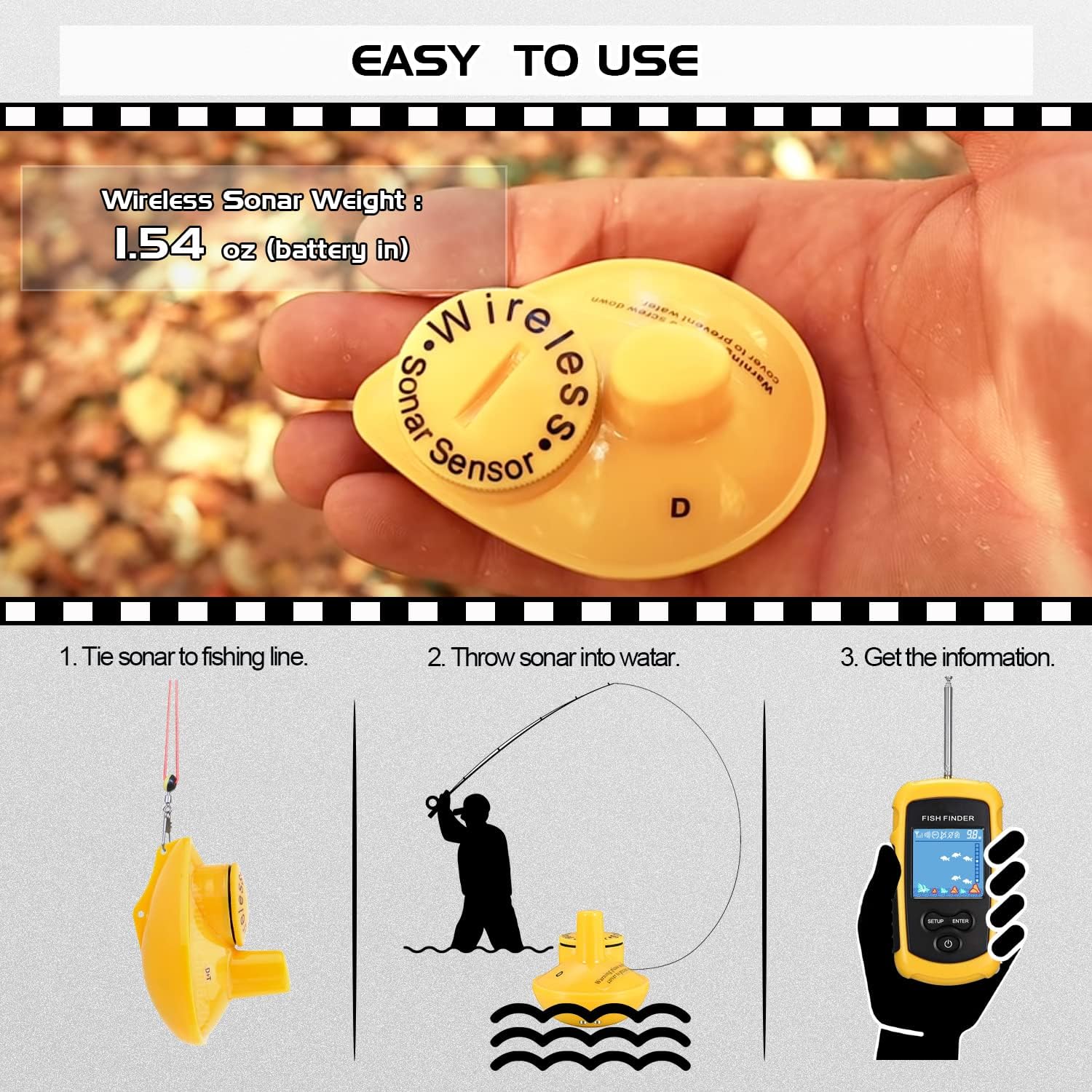 Atibin Castable Kayak Depth Finder Fishing Wireless Portable Fishing Finder Transducer Canoe Shore Fish Finder Sonar Detector Handheld Lake Sea Pack