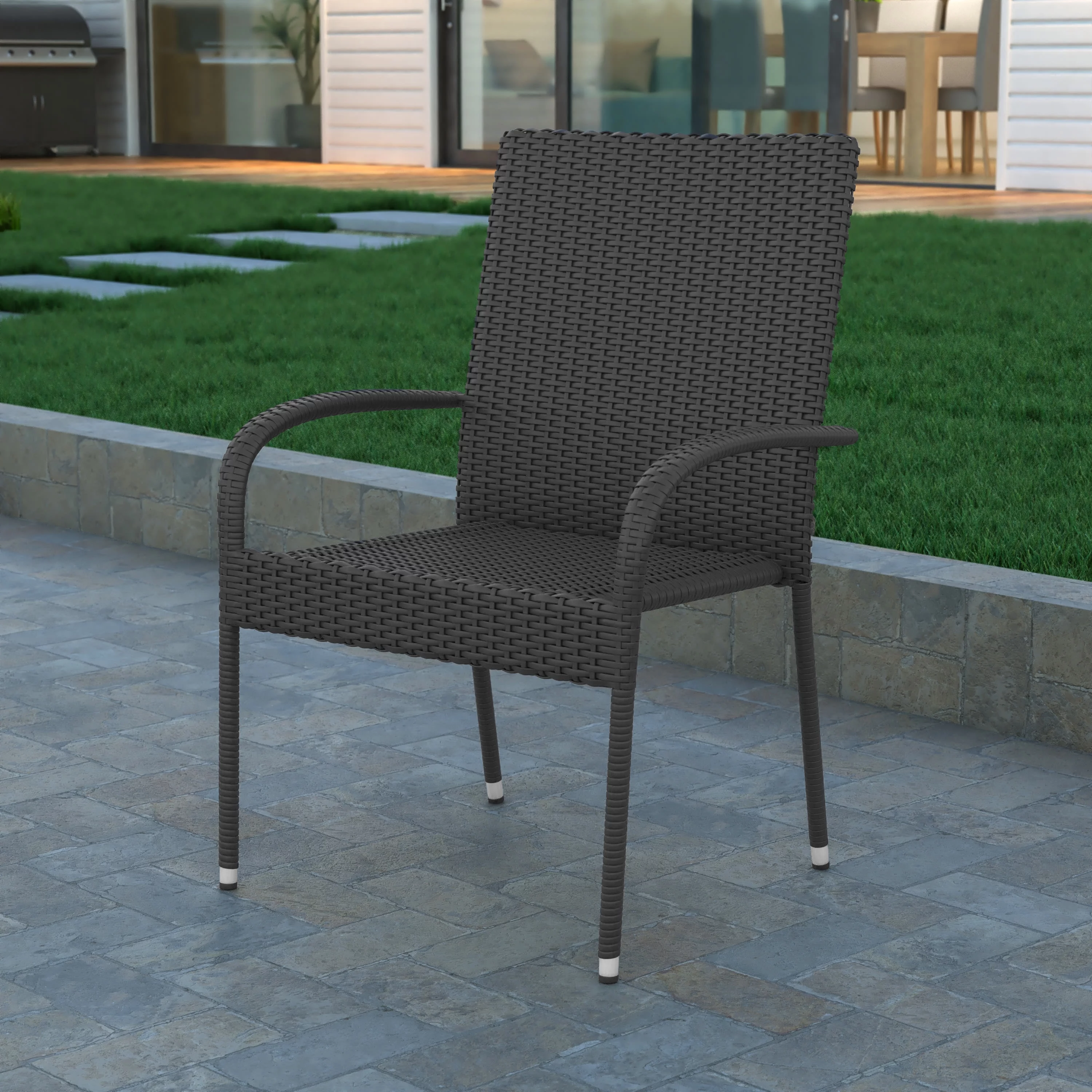 Emma + Oliver Stacking All-Weather Gray Wicker Wrapped Powder Coated Steel Patio Club Chair for Indoor and Outdoor Use - Set of 2