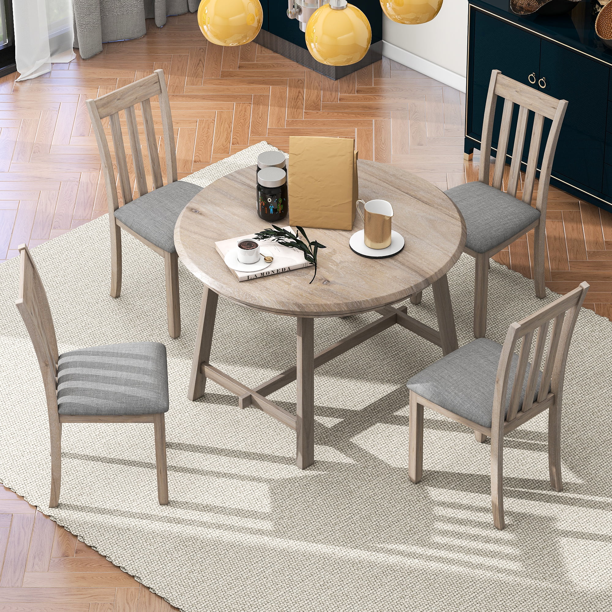 Besthome 5-Piece Wood Dining Table Set Round Extendable Dining Table with 4 Dining Chairs