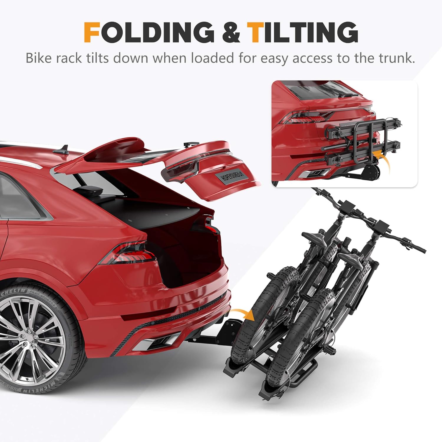 2 EBike Rack with Ramp, 2'' Hitch Mounted Lockable Bike Racks, 200lbs Capacity Foldable Platform