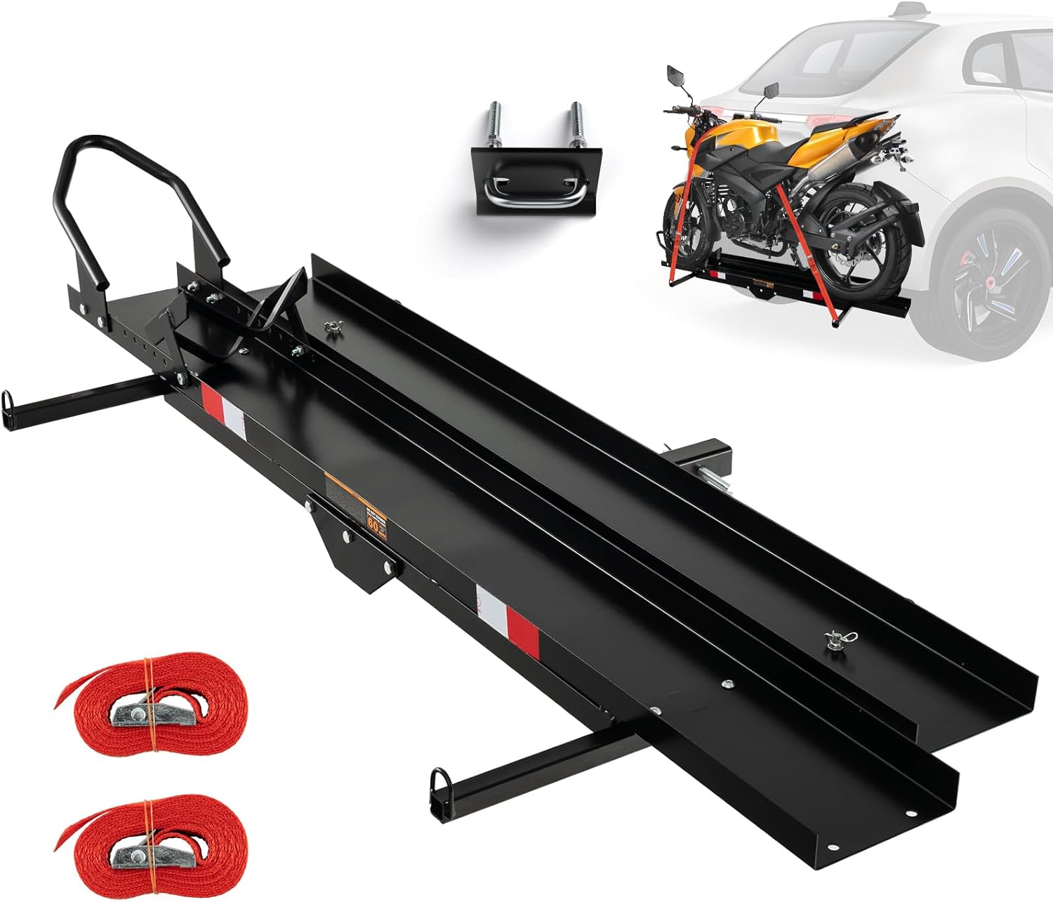 IRONMAX 600LBS Motorcycle Carrier, Heavy Duty Steel Hitch Mount Rack Hauler with Loading Ramp, Wheel Chock & 2 Straps