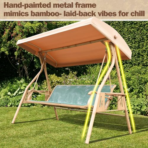 3 Person Patio Swing Outdoor Swing for Adults with Adjustable Canopy &Upgraded Cup Holders Textilene Fabric Porch Swing Chair with Stand Heavy Duty