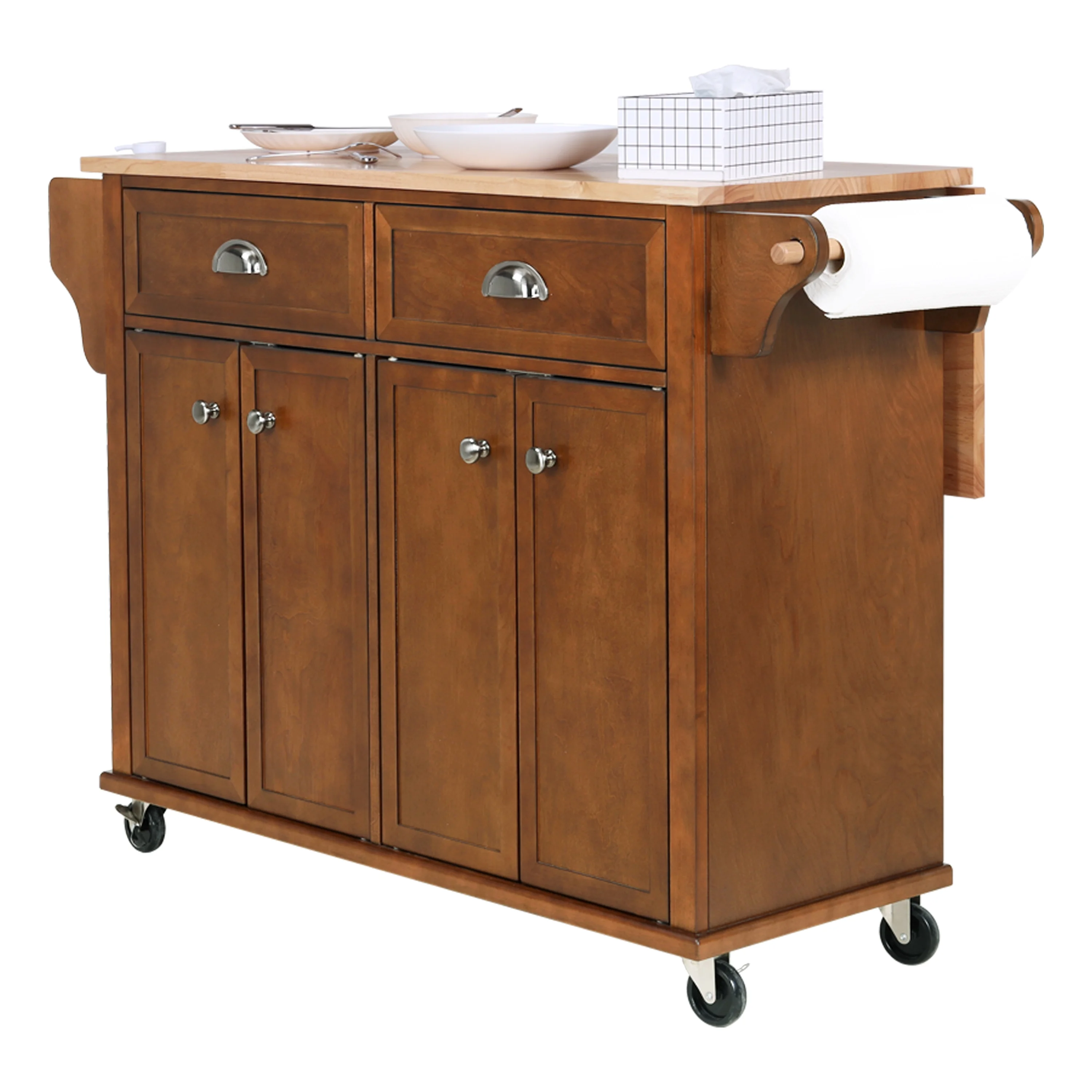 Rolling Kitchen Island Cart with Large Storage Cabinet on Wheels, Solid Rubberwood Countertop with Drop Leaf, Greenguard Gold Certified, 4-Droors