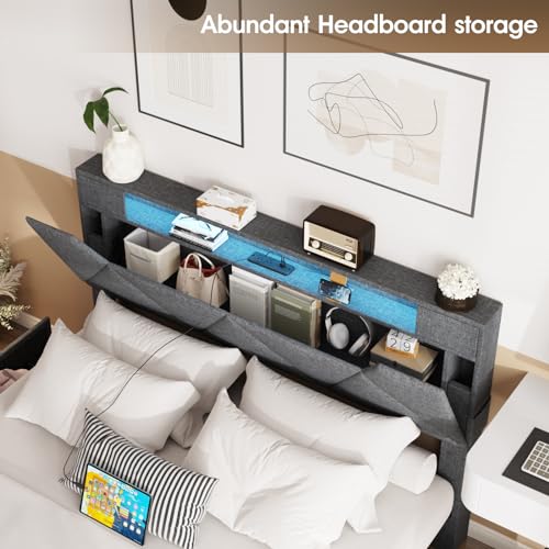 Vabches Queen Bed Frame with Storage Headboard and 4 Drawers,Upholstered Platform with Charging Station and Led Lights,Adjustable Headboard