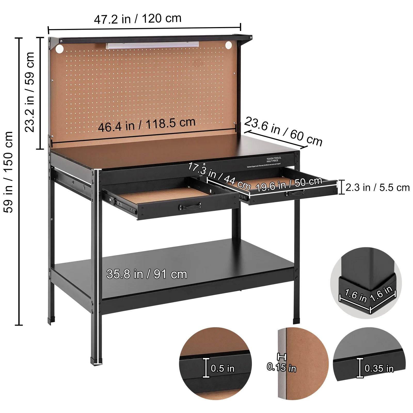 BENTISM Multifunctional Workbench 48x24" with Pegboard Worktable w/ Power Outlets