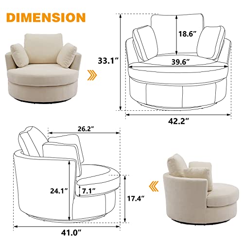 42" W Chenille Swivel Barrel Chair Swivel Accent Sofa with 3 Pillows, 360 Degree Loveseat Modern Oversized Arm Chair Cozy Club Chair for Bedroom