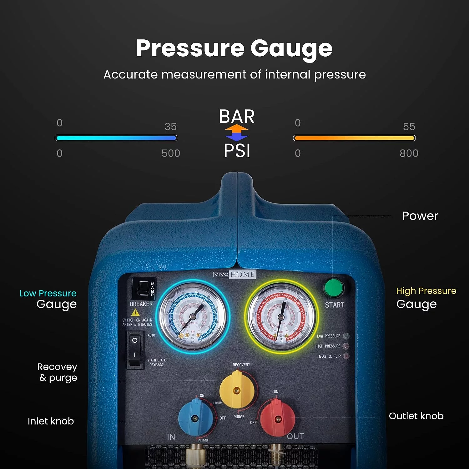 SPECSTAR R1234YF 1 HP Dual Cylinder Portable Refrigerant Recovery Machine Oil-Less Freon Recycling Unit for Vapor Liquid Refrigerant