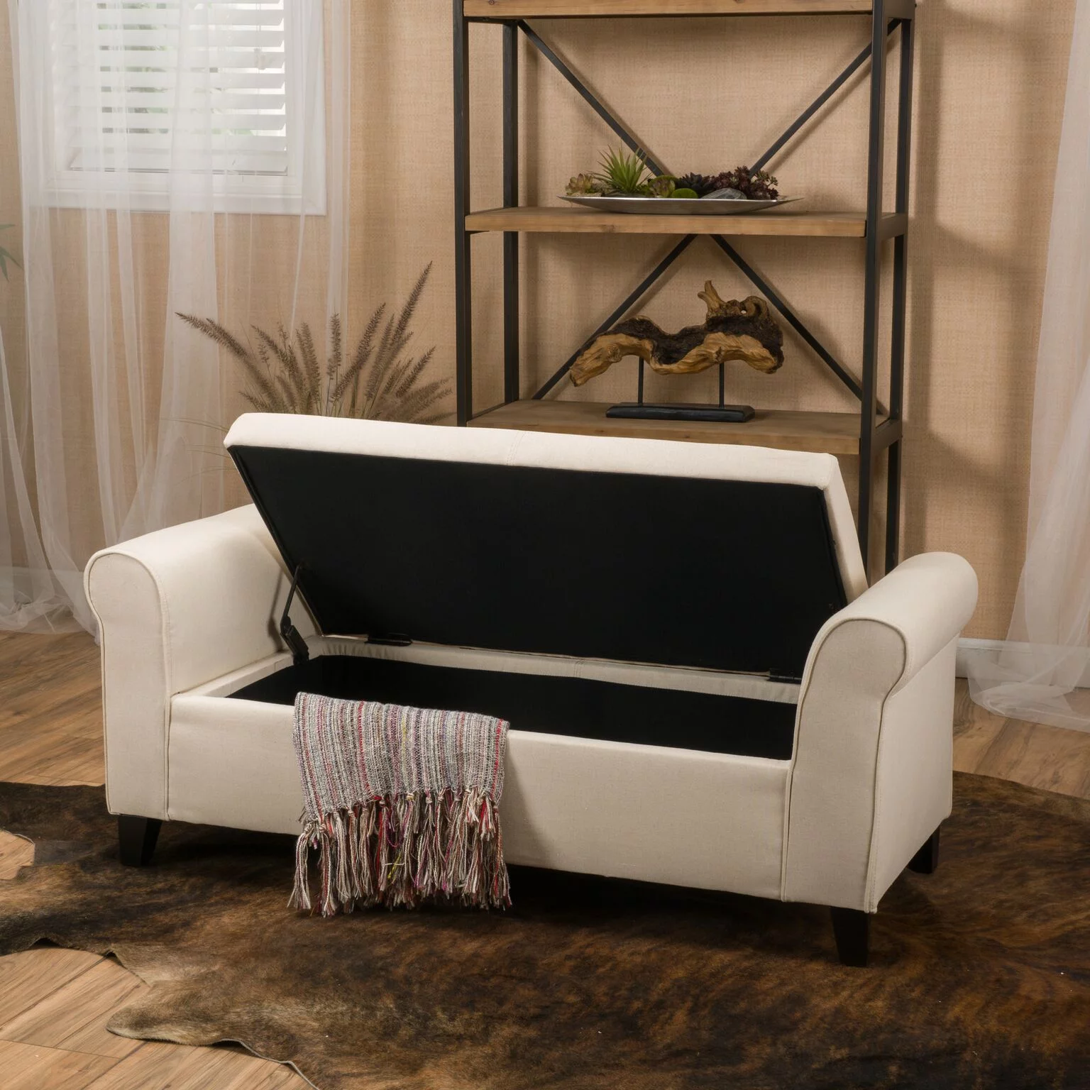 Noble House Haden Contemporary Fabric Upholstered Storage Ottoman Bench with Rolled Arms, Beige