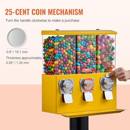 VEVOR Commercial Vending Machine, Triple Compartment Candy Dispenser with Iron Stand, Gumball and Candy Machine for Business