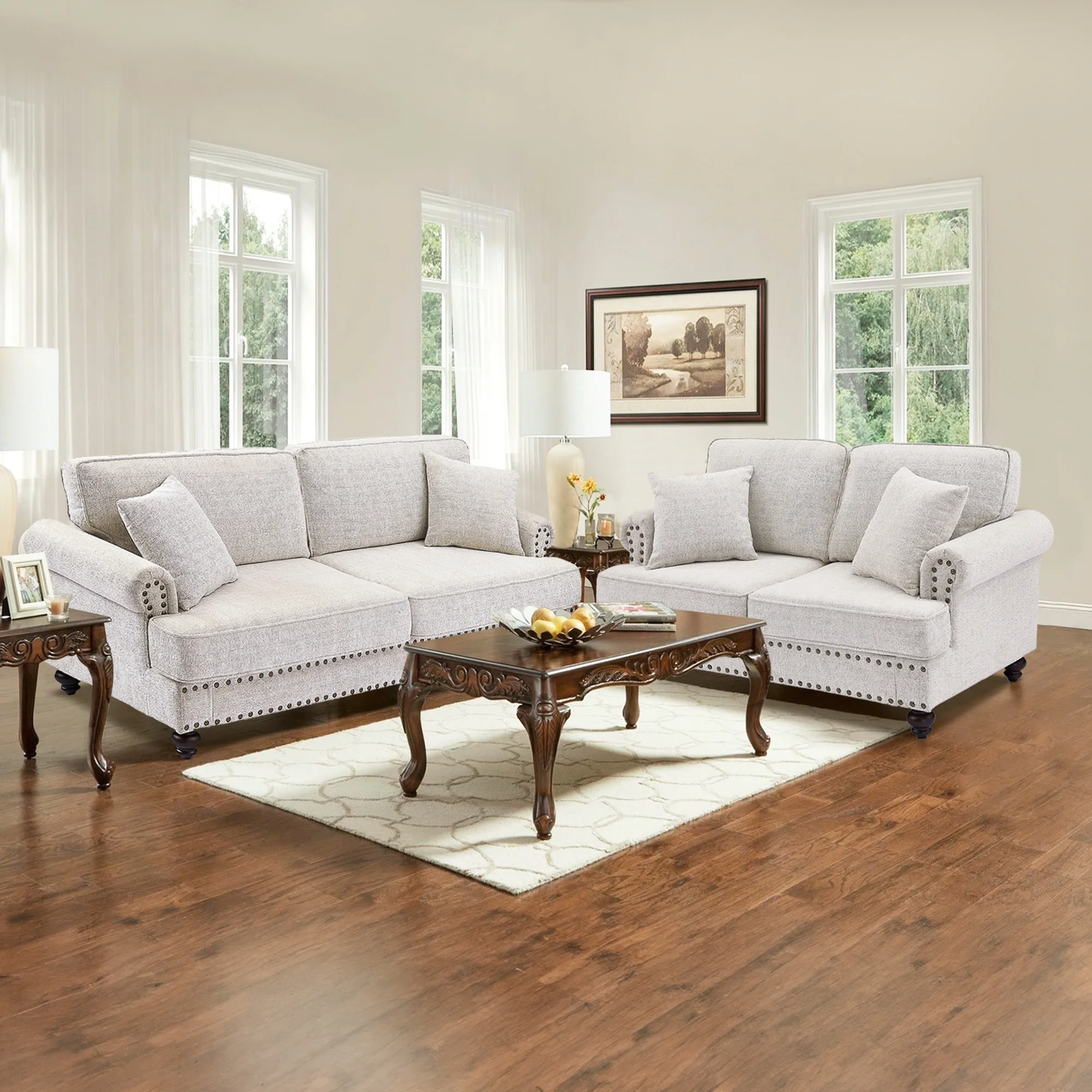 Muumblus Mid-Century Loveseat Sofa, 2 Seater Sofa with Nailhead, 61" Chenille Upholstered Couches for Living Room, White