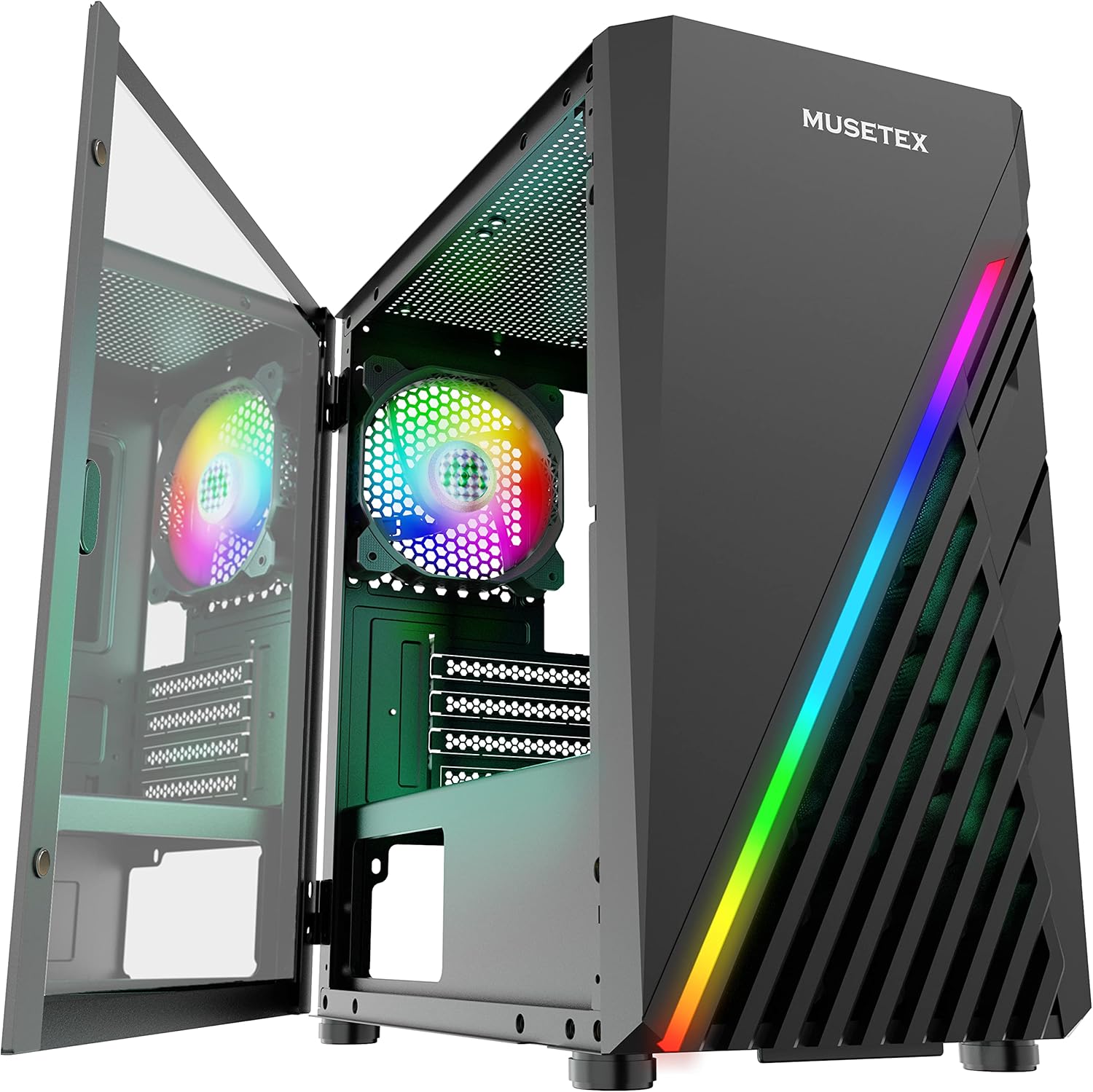 MUSETEX Micro ATX Case, Light Strip LED Computer Case with ARGB Fan, PC Gaming Case Mid Tower Case