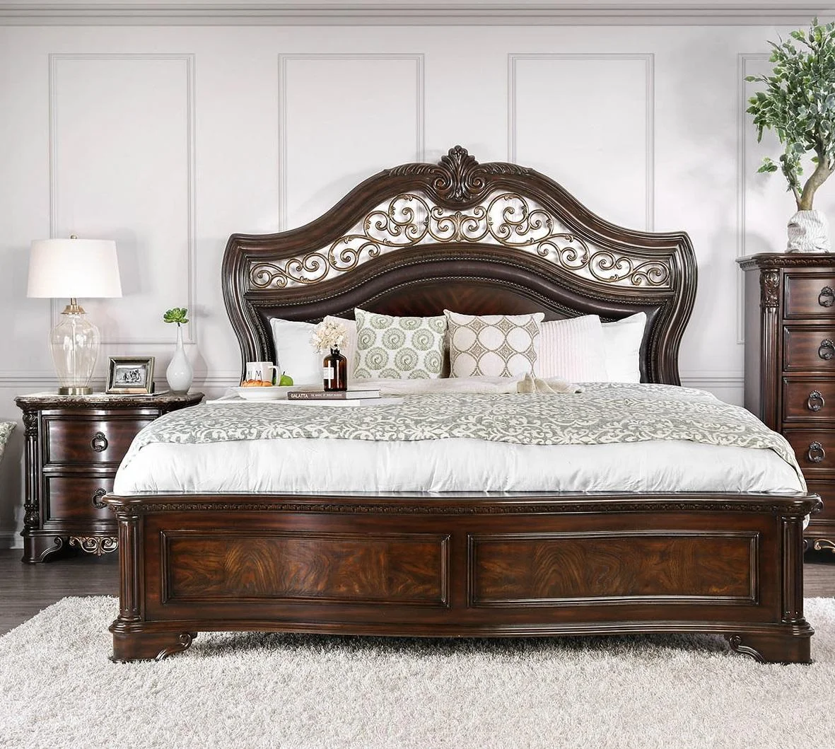 Transitional Brown Cherry Solid Wood King Bedroom Set 3pcs FOA CM7311 Menodora