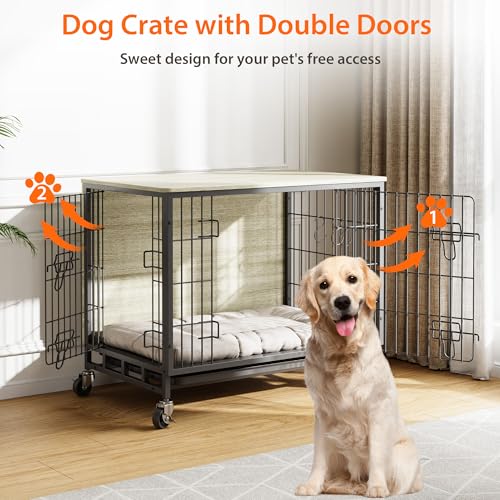 Heavy Duty Metal Dog Crate, Indoor Outdoor Pet Kennel Cage with Shelves, Storage Cabinet, Modern Decorative Dog Cage Furniture