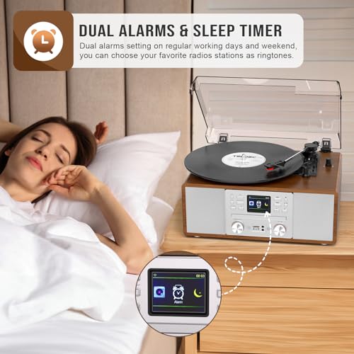8-in-1 Retro Bluetooth Record Player with Built-in Stereo Speakers | Wireless 3-Speed Turntable for Vinyl, CD, MP3, USB/SD