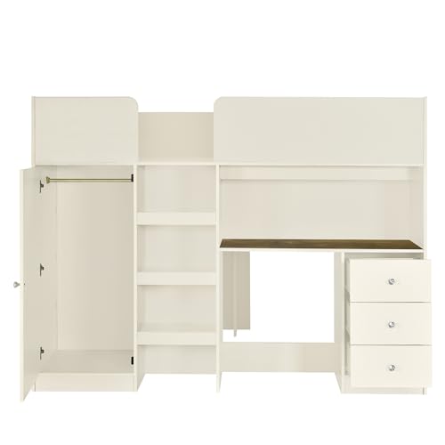 Harper & Bright Designs Full Size Loft Bed with Desk, Wood Full Loft Bed Frame with Built-in Wardrobe, Storage Shelves and Drawers, Gray