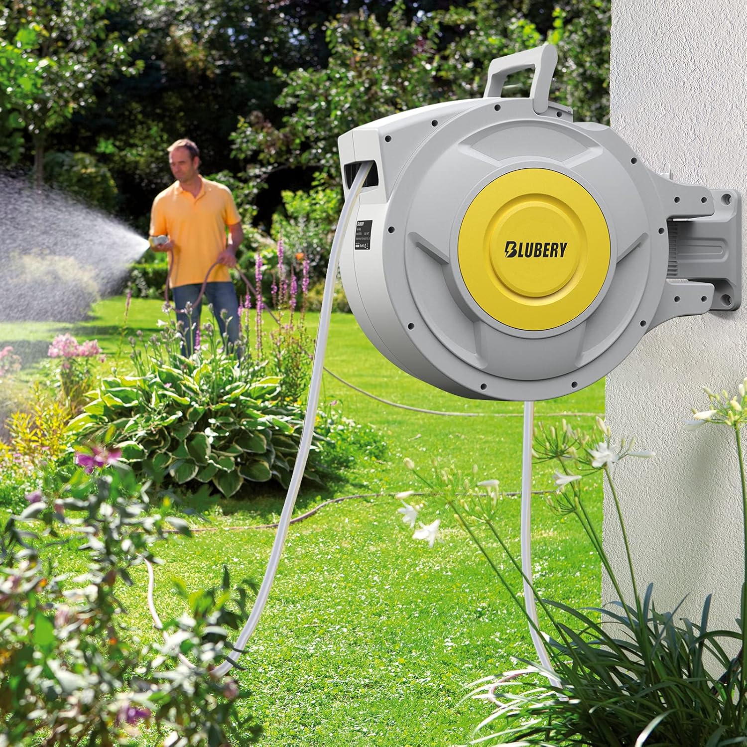 BLUBERY Retractable Hose Reel, 5/8" x 100+6.7 ft Retractable Garden Hose Reel with 8 Pattern Spray Nozzle, Any Length Lock, 180° Swivel Bracket