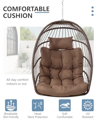 SWITTE Egg Chair Outdoor with Stand, Indoor Wicker Hanging Egg Swing Chair with Cushion, 350lbs Capacity for Patio, Bedroom, Garden - Gray