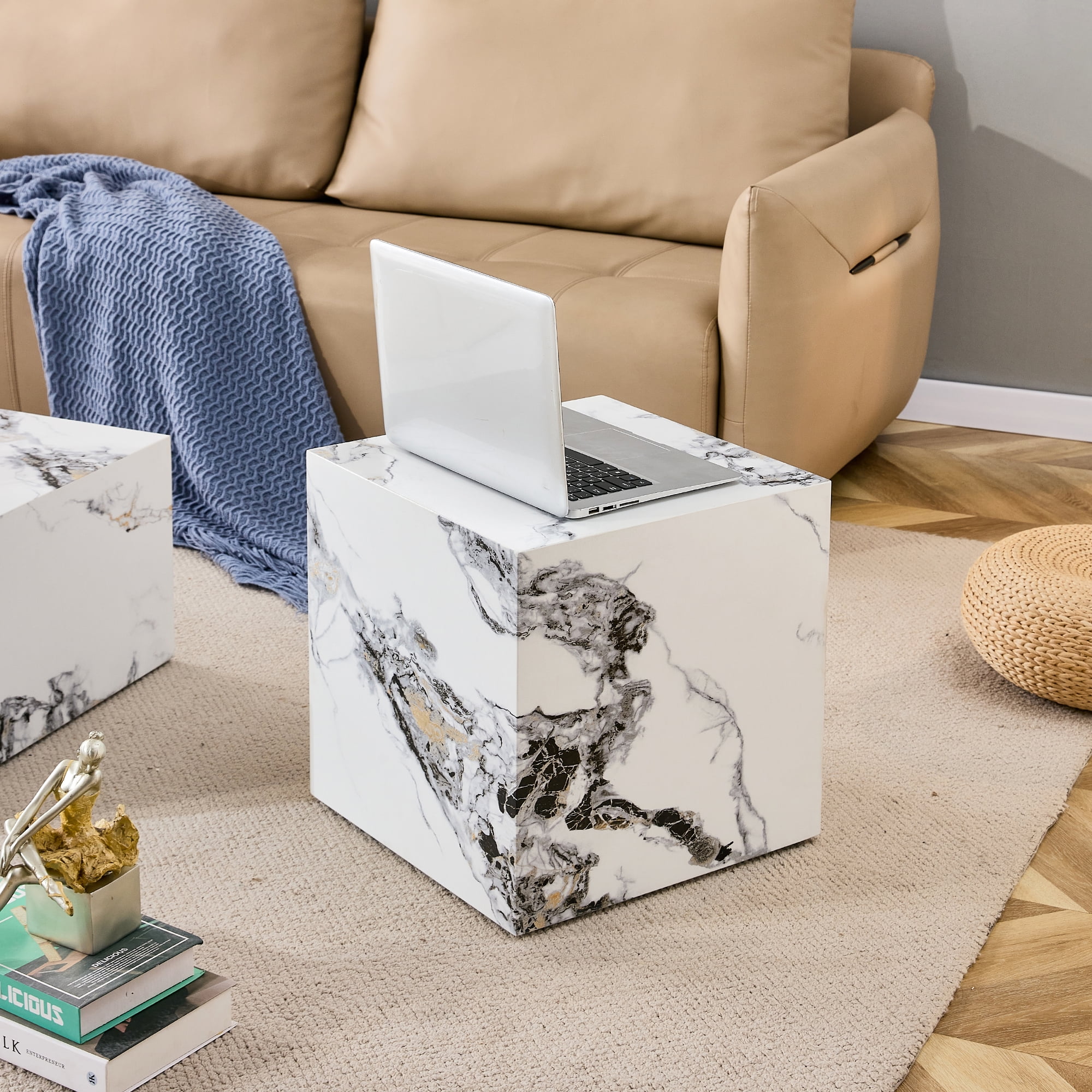 15.75 inches Modern White Cube Coffee Table - Stylish Texture Design, MDF + Sticker Material Construction