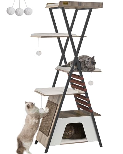 FourFurPets 72.4" Modern Cat Tower for Indoor Cats - Multi-Level Condo With Caves, Tall Tree With Scratching Board, Wooden Tower With Large Perch