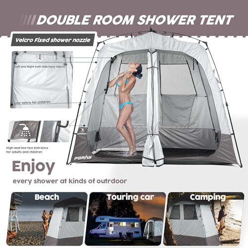 Camping Shower Tent Deluxe Changing Room Easy Set Up Privacy Shelter,Large Toilet Tent 2 Rooms with Floor Drain Design for Beach, Camping