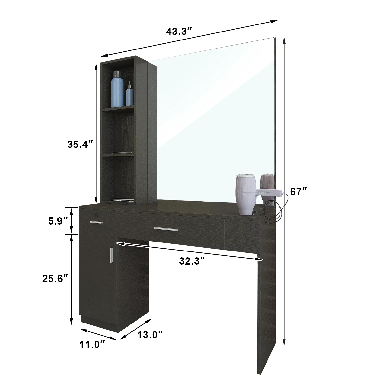 Artist Hand Wall Mount Salon Barber Station Styling Beauty Spa with Mirror, Left Shelf (Black)