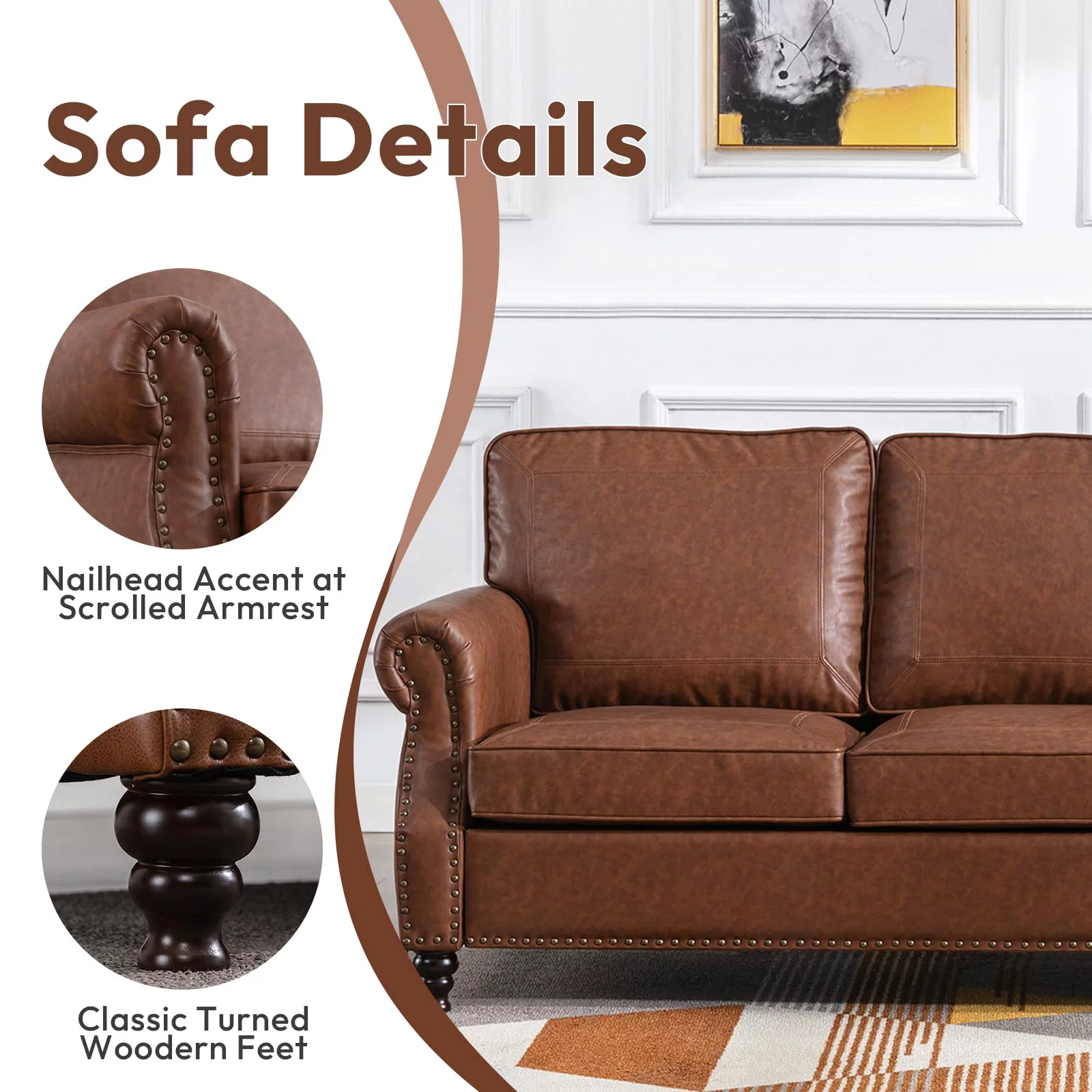 Dreamsir 80" Faux Leather Sofa Couch - Traditional 3-Seater with Nailhead Trim, Rolled Arms, and Easy Assembly (Chocolate Brown)