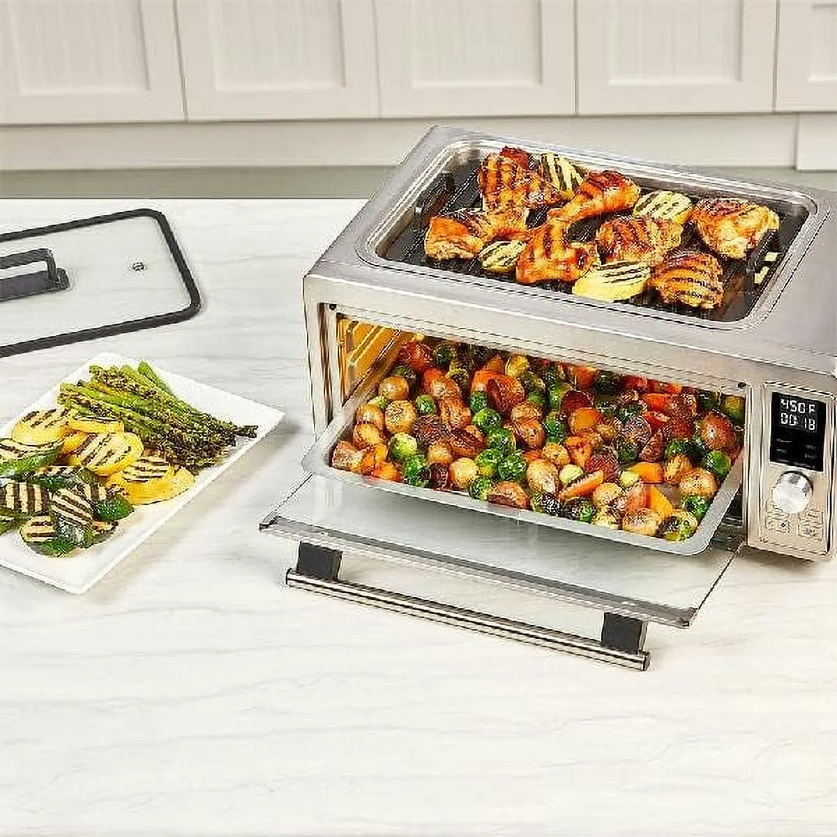 Emeril Power Grill 360, 6-In-1 Countertop Convection Toaster Oven With Top Indoor Grill, Air Fry, Roast, Toast, Bake, Dehydrate, Glass Lid