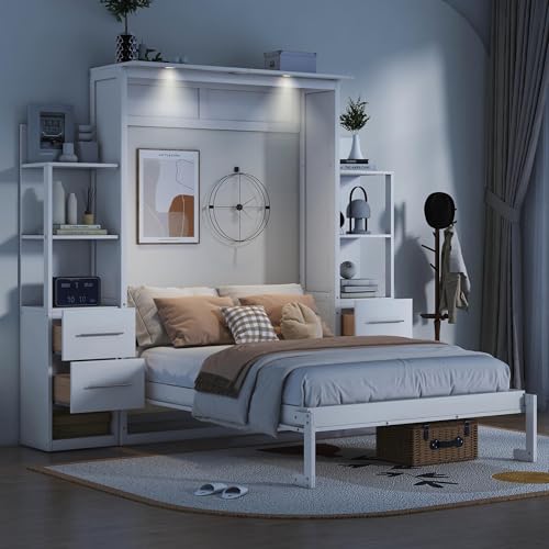 MERITLINE Queen Murphy Bed with Storage Drawers,LED Lights and Shelves,Wood Murphy Wall Bed Cabinet for Adults (Grey)