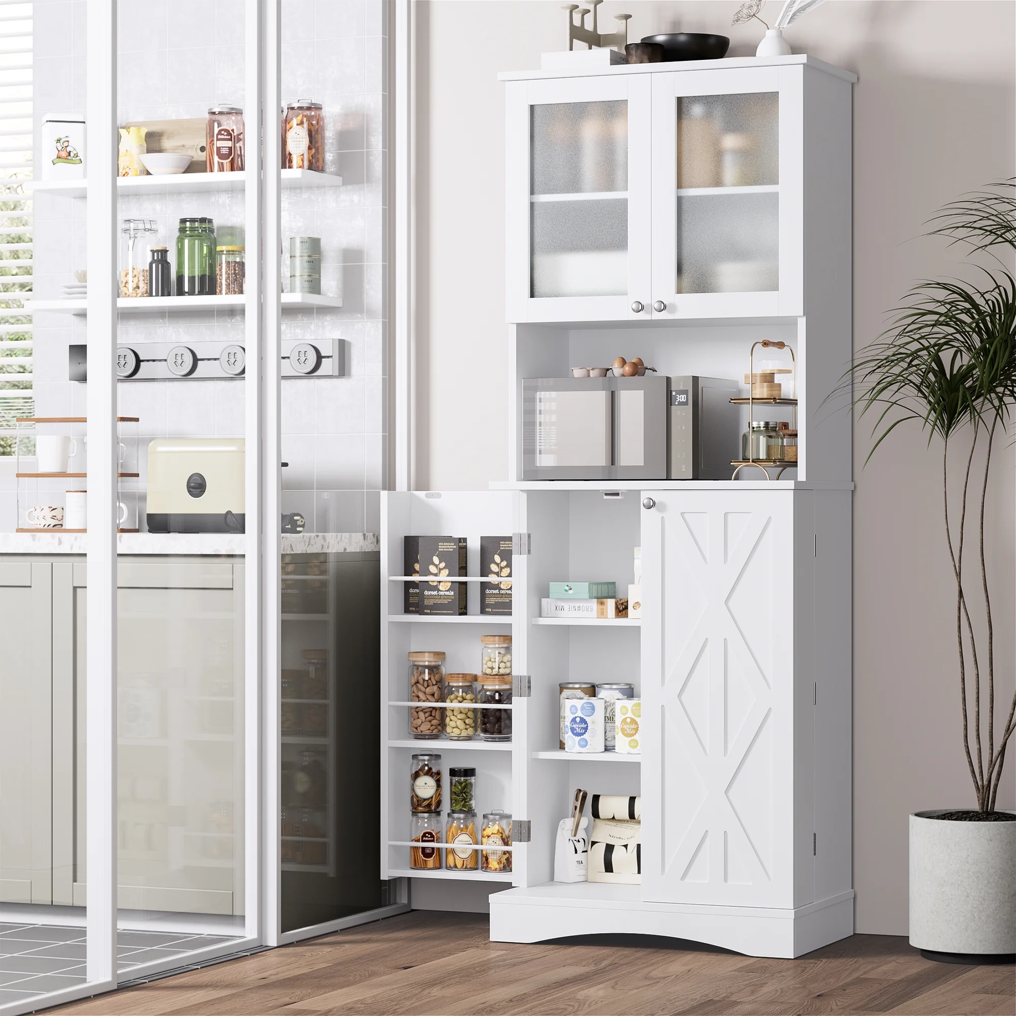 Homfa 63'' Food Pantry Cabinet, 4 Doors Kitchen Storage Cabinet with Adjustable Shelves, Microwave Cabinet for Dining Room, White