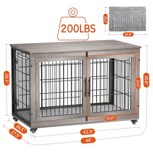 Lulive Dog Crate Furniture for Medium Dogs, 32'' Dog Kennel Indoor with Cushion & Wheels Wooden Dog Cage Double Doors Dog Crate End Table, Grey