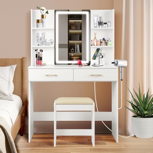 Vanity Set with Lights and Stool, Vanity Desk with Mirror and Lights，Vanity Power Outlet,Vanity Desk with Drawers