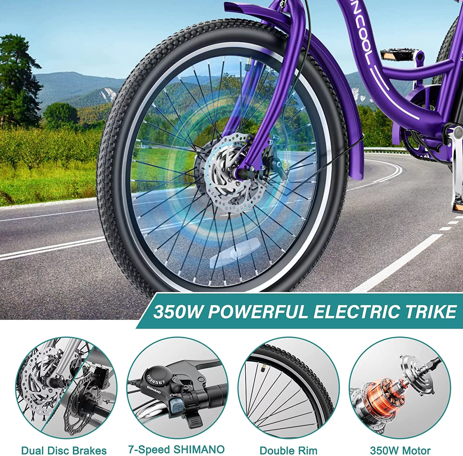 MOONCOOL 350W Motorized Electric Trike, 7 Speed 3 Wheel Electric Bicycle with 36V 14.5Ah Lithium Battery UL Certified