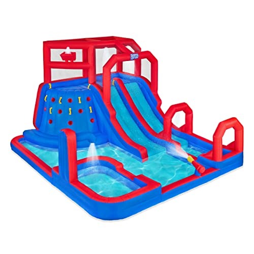 Sunny & Fun Mega Climb N’ Go Inflatable Water Slide Park – Heavy-Duty for Outdoor Fun - Climbing Wall, 2 Slides
