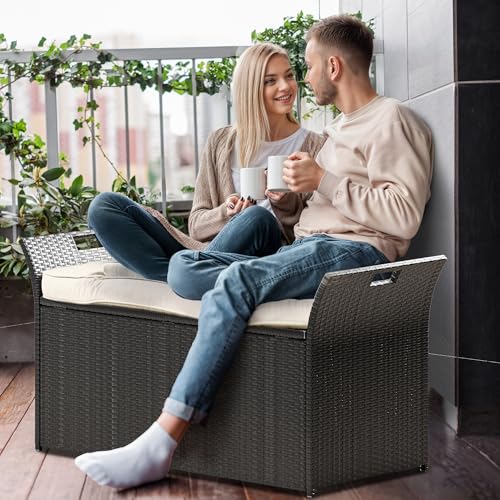 YITAHOME 90 Gallon Outdoor Wicker Storage Bench w/Cushion, Large PE Rattan Deck Storage Box w/Handles & Hydraulics for Patio Furniture, Cushions