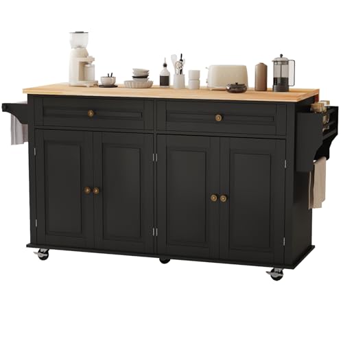 67’’ Movable Kitchen Island with Drop Leaf and Power Outlet, Lockable Sliding Countertop Rolling Island Cart with 2 Large Drawers, Spice, Towel Rack