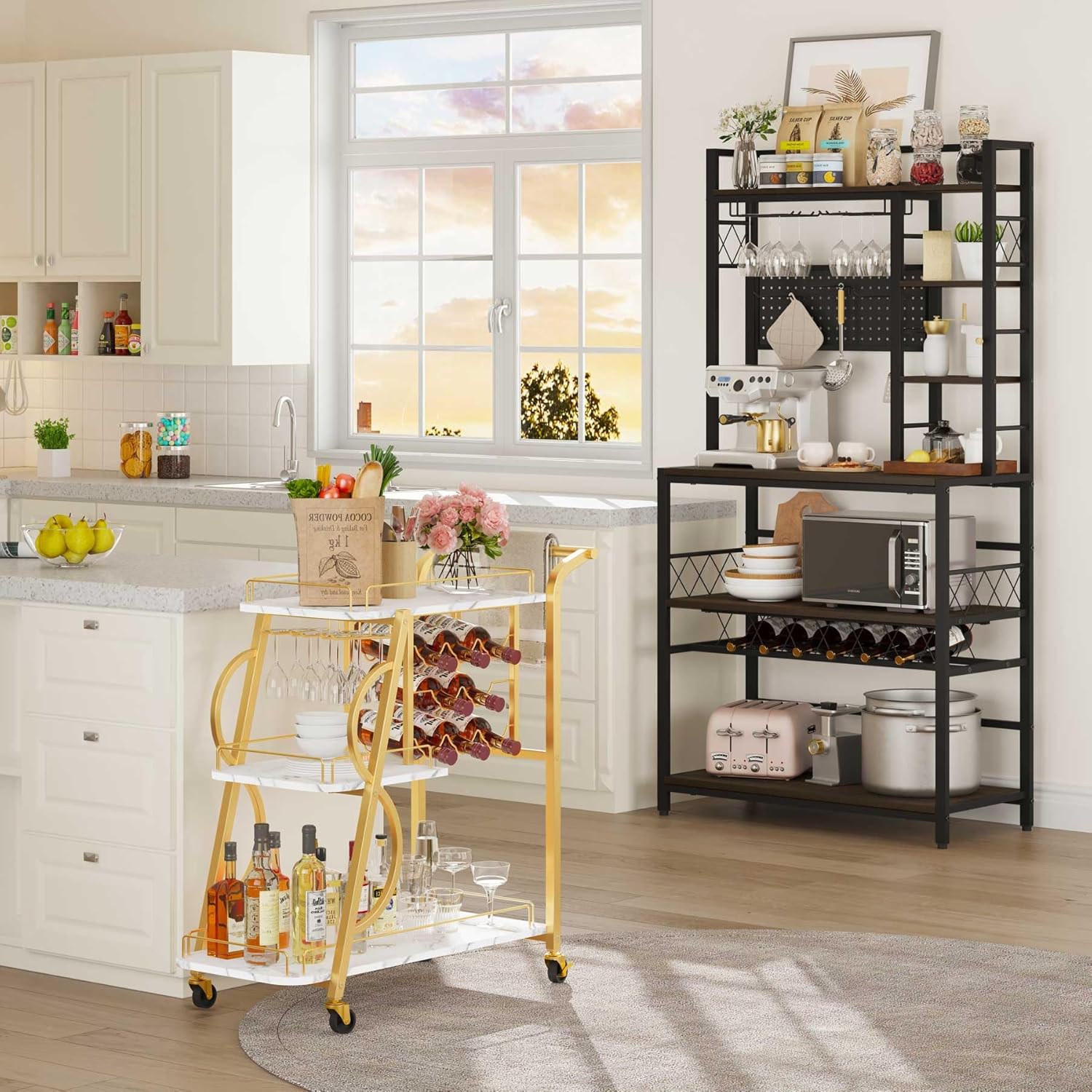 Industrial 3 Tier Mobile Gold Bar Cart with Wine Rack Freestanding Floor with Glass Holders and Hooks