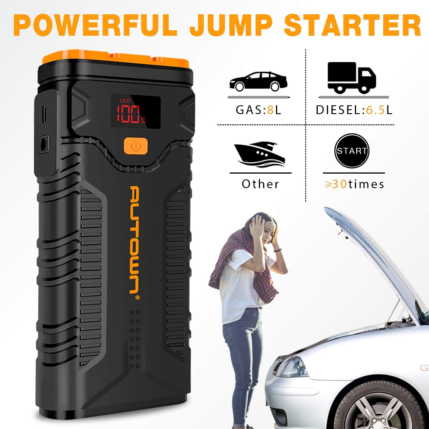 Jump Starter, AUTOWN 1000A Peak 21000mAh Car Battery Charger with Quick Charge 3.0